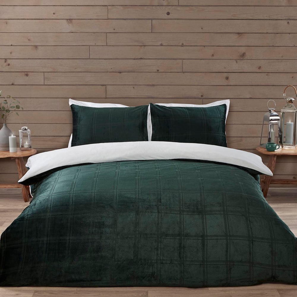 Halston Super King Green Check Fleece Duvet Set Image