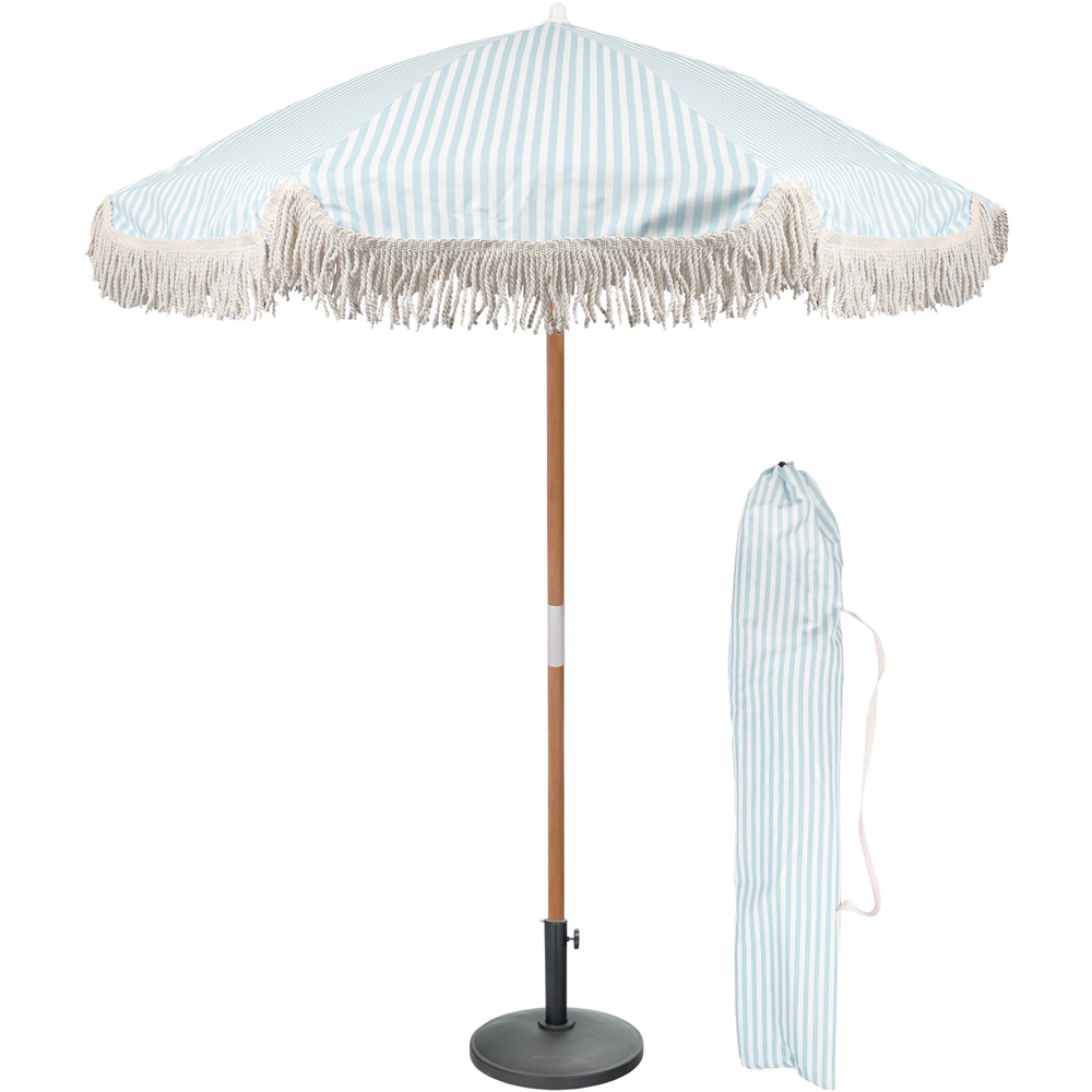 Harbour Housewares Pastel Blue Stripe Tassel Fringed Wooden Garden Parasol and Base Set 1.4m Image 3