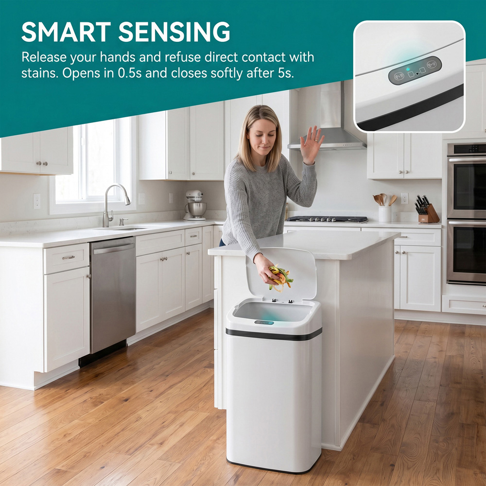 HOMCOM White Galvanised Steel Kitchen Sensor Bin with Automatic Close 48L Image 4