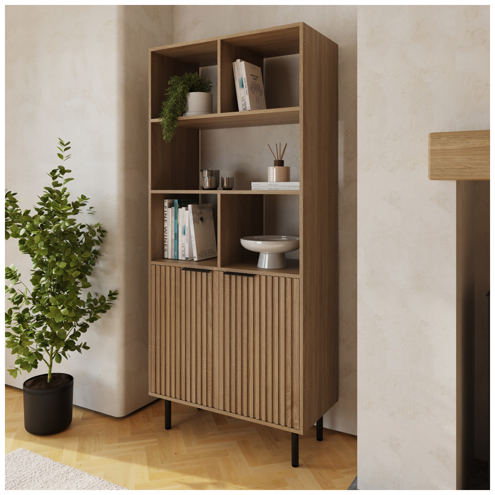 GFW Nervata 2 Door 5 Shelf Oak and Black Ribbed Tall Shelving Unit Image 7