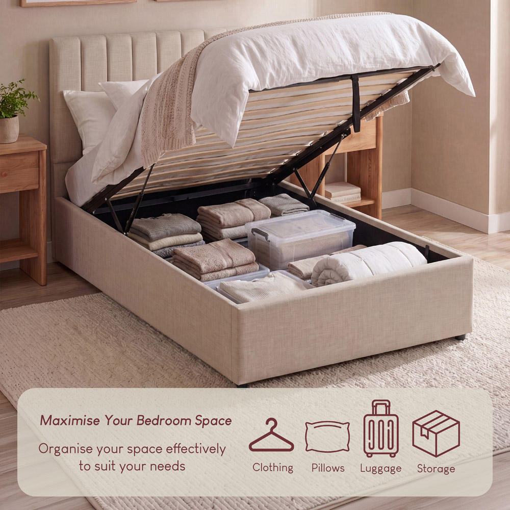 VIDA DESIGNS Vellaro Single Beige Linen Fabric Ottoman Bed with Headboard and Mattress Image 7