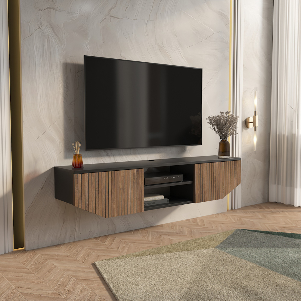 Decorotika Hera 2 Door 2 Shelf Black Alina Wall Mounted TV Unit Image 4