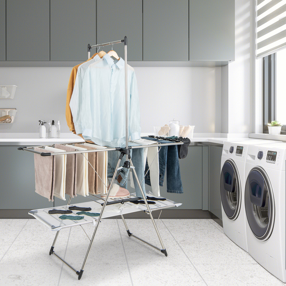 Costway 2 Tier Foldable Laundry Drying Rack with Hanging Bar Image 3