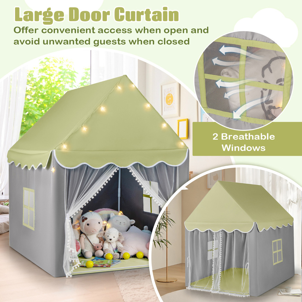 Costway Kids Light Green Large House Play Set with Mat and Star Lights Image 5