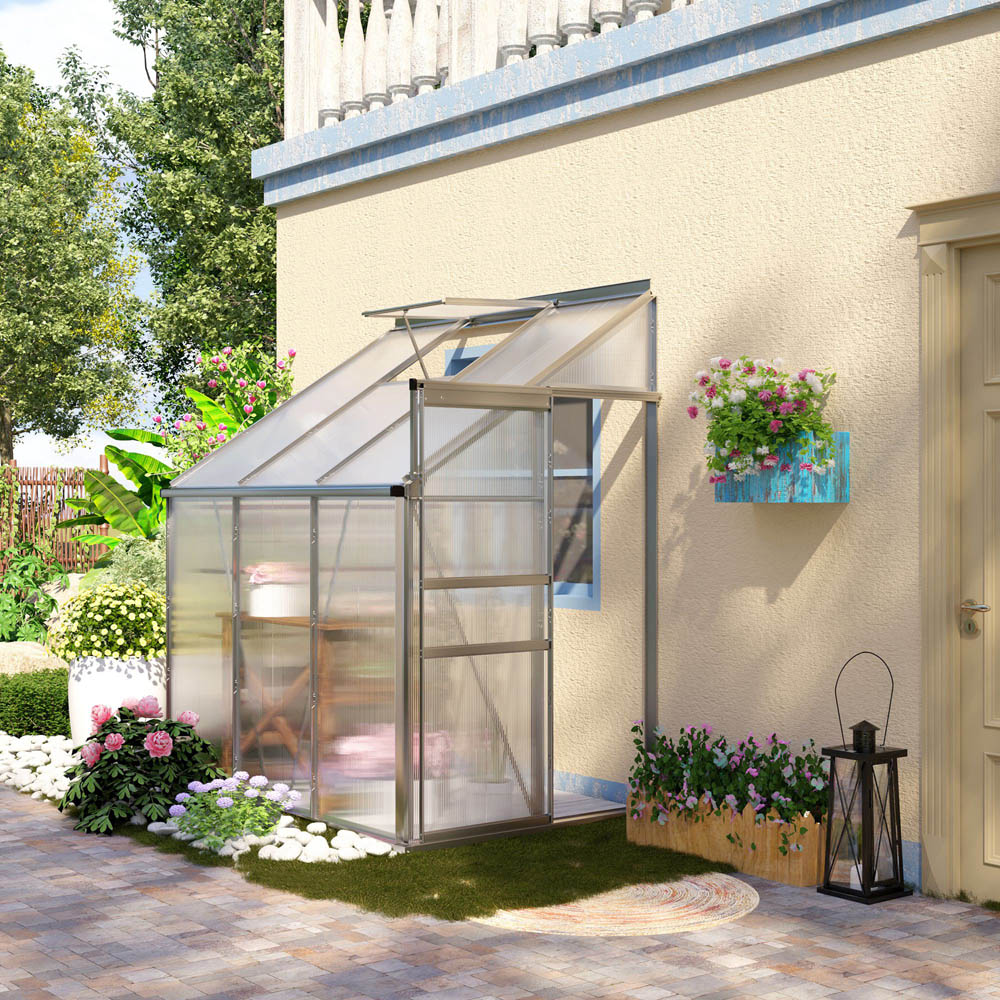 Outsunny 6 x 4ft Lean to Wall Polycarbonate Aluminium Walk-In Greenhouse Image 2