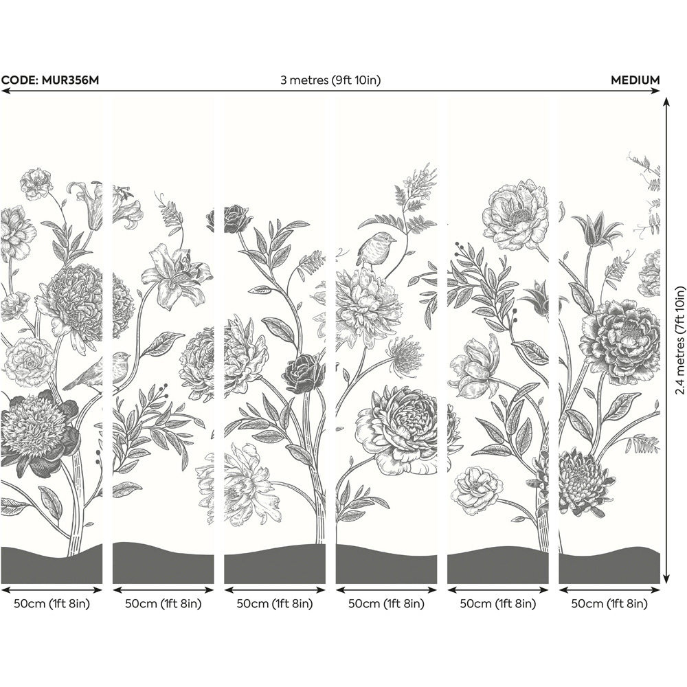 Origin Murals Jacobean Rose Trail Grey Wall Mural Image 3