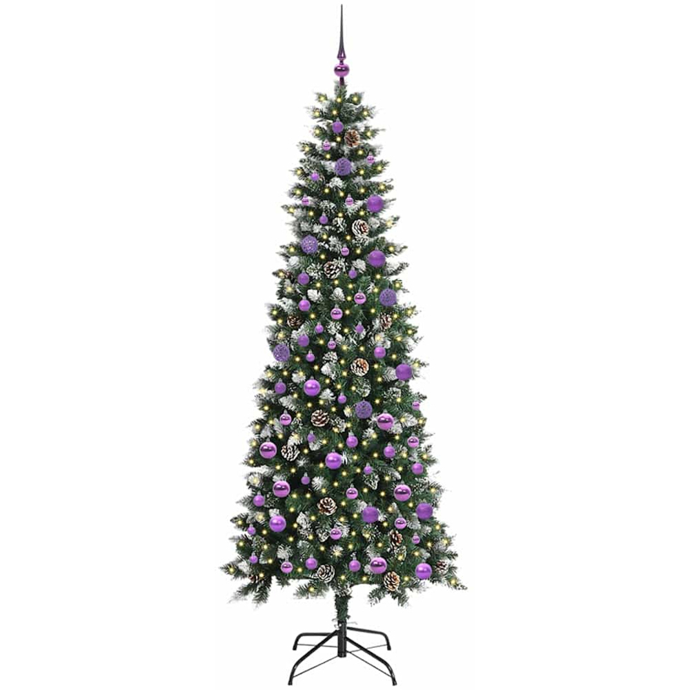 vidaXL Pre-Lit Lilac Baubles Green Artificial Snow Tipped Christmas Tree 7ft Image 1