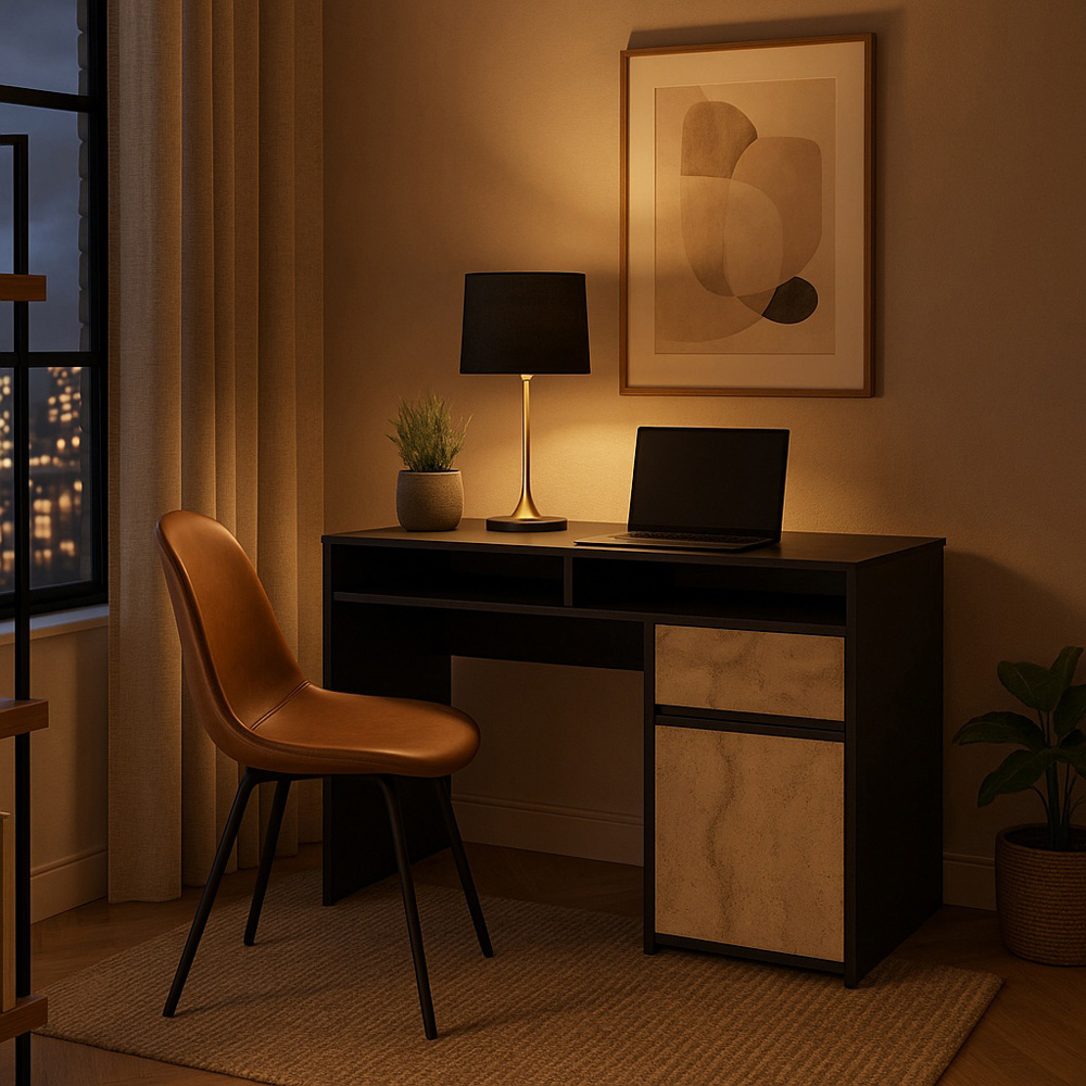 Decorotika Isla Single Door Single Drawer 2 Shelf Corner Computer Desk Black Travertine Image 8