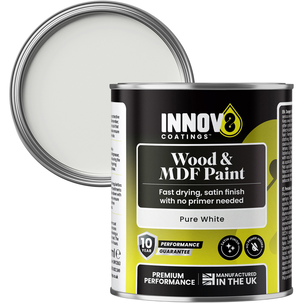 Innov8 Coatings Pure White Satin Finish Wood and MDF Paint 250ml Image 1