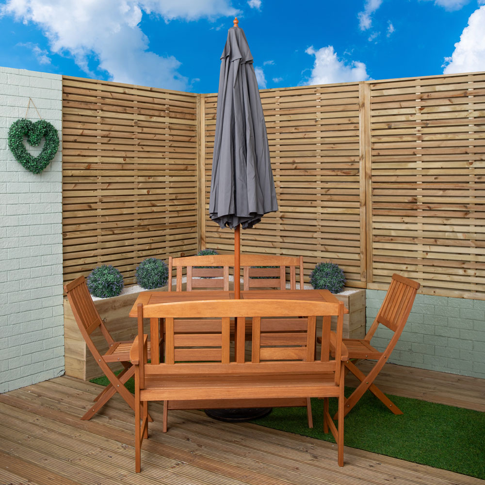 Samuel Alexander 6 Seater Wooden Rectangular Foldable Dining Bench Set with Grey Parasol and Base Image 9