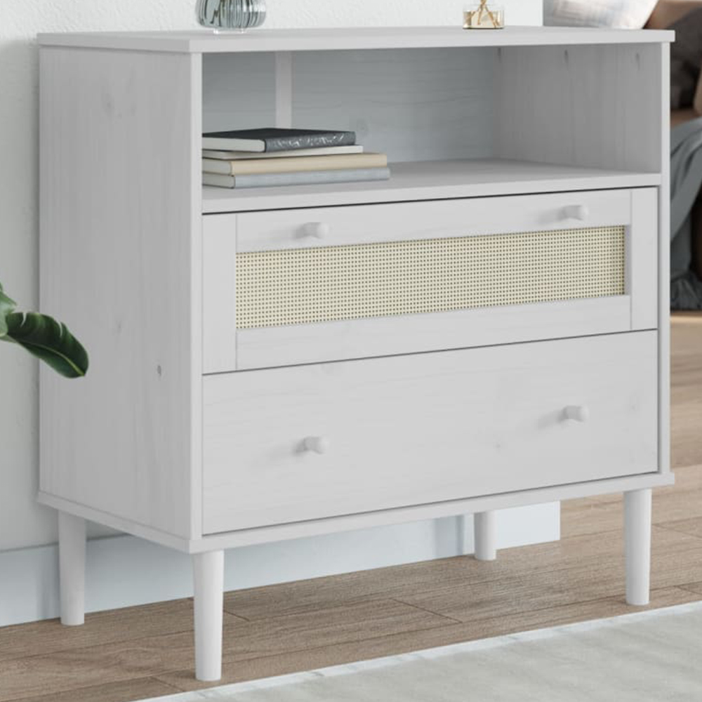 vidaXL Senja 2 Drawer Single Shelf White Solid Pine Wood Rattan Look Sideboard Image 1