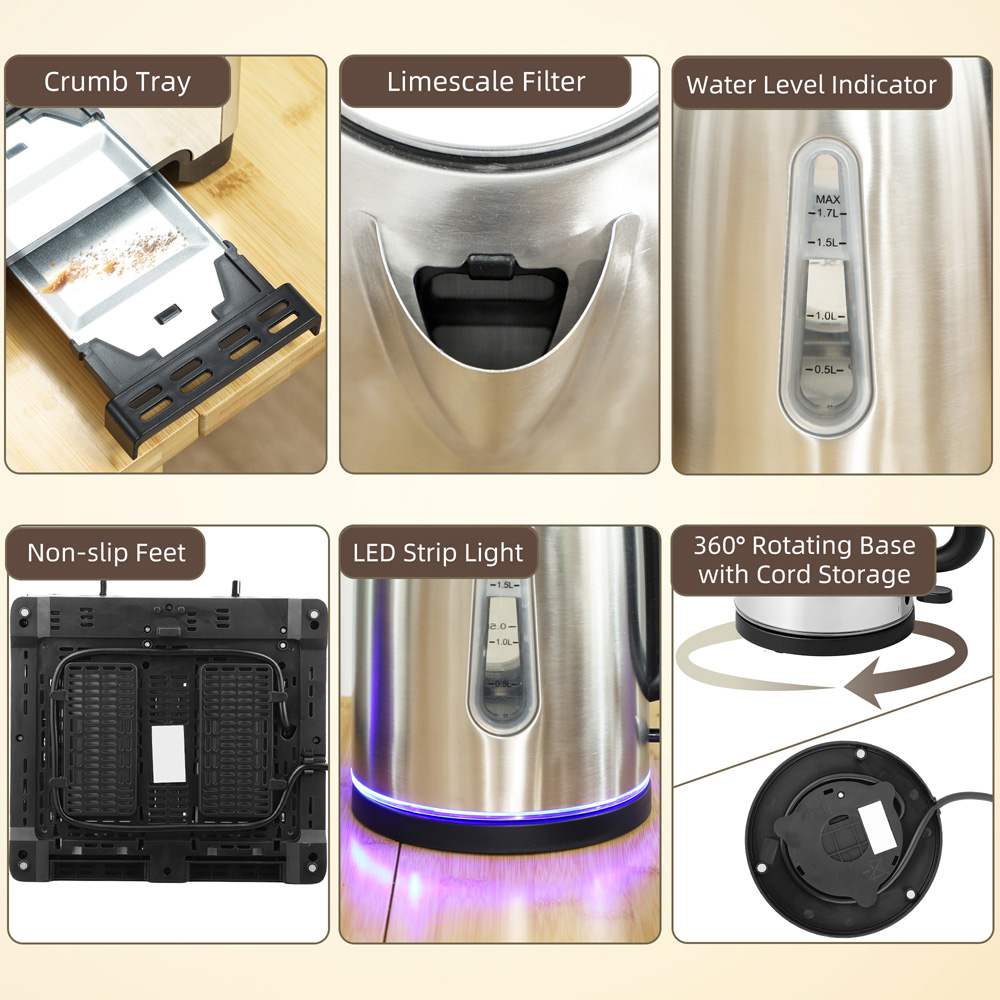 HOMCOM 800-290V70SR Silver Tone 1.7L Kettle and 4 Slice Toaster Set 3000W Image 3
