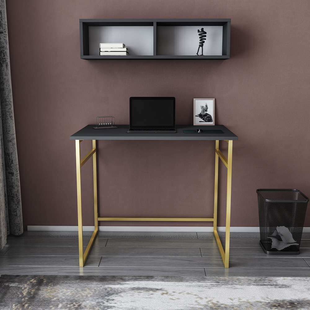 Decorotika Hussum Computer Desk with 2 Section Wall Shelf Gold and Anthracite Image 5