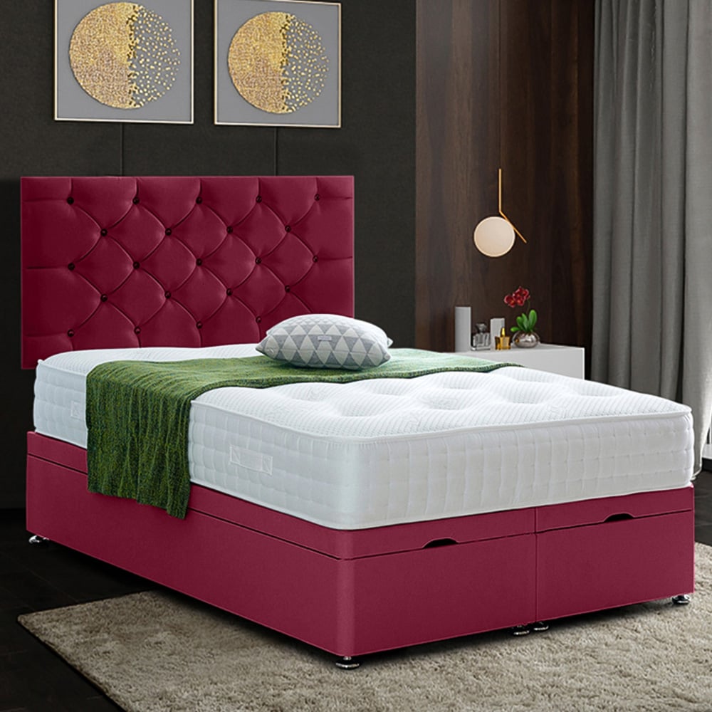 Eleganza Home Resthaven Super King Size Maroon Plush Velvet Divan Ottoman Bed with Headboard Image 1