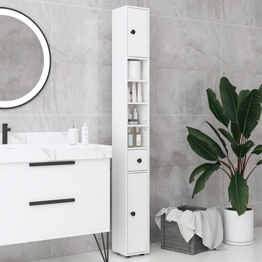 Kleankin White 3 Door 4 Shelf Slim Bathroom Cabinet Image 1