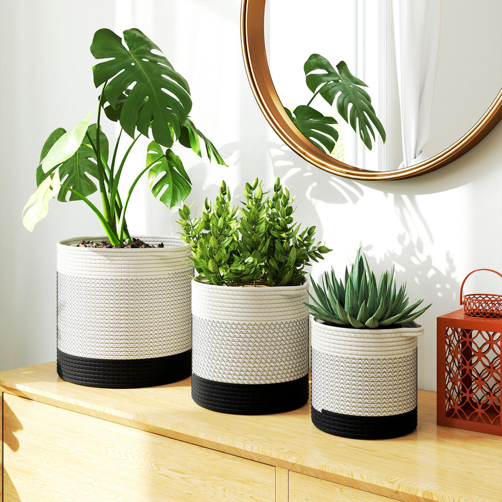 Outsunny White Handwoven Cotton Plant Pot Set of 3 Image 3