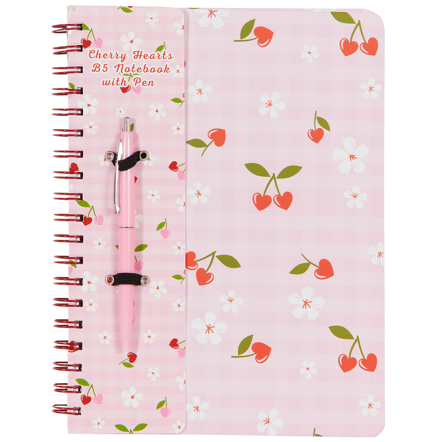 Cherry Hearts B5 Notebook with Pen - Pink Image 1