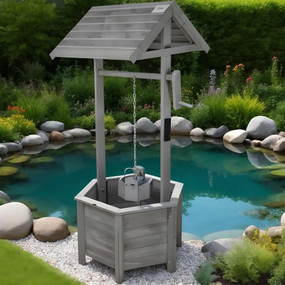 Gr8 Garden Wooden Grey Wishing Well Bucket Planter Plant Image 2