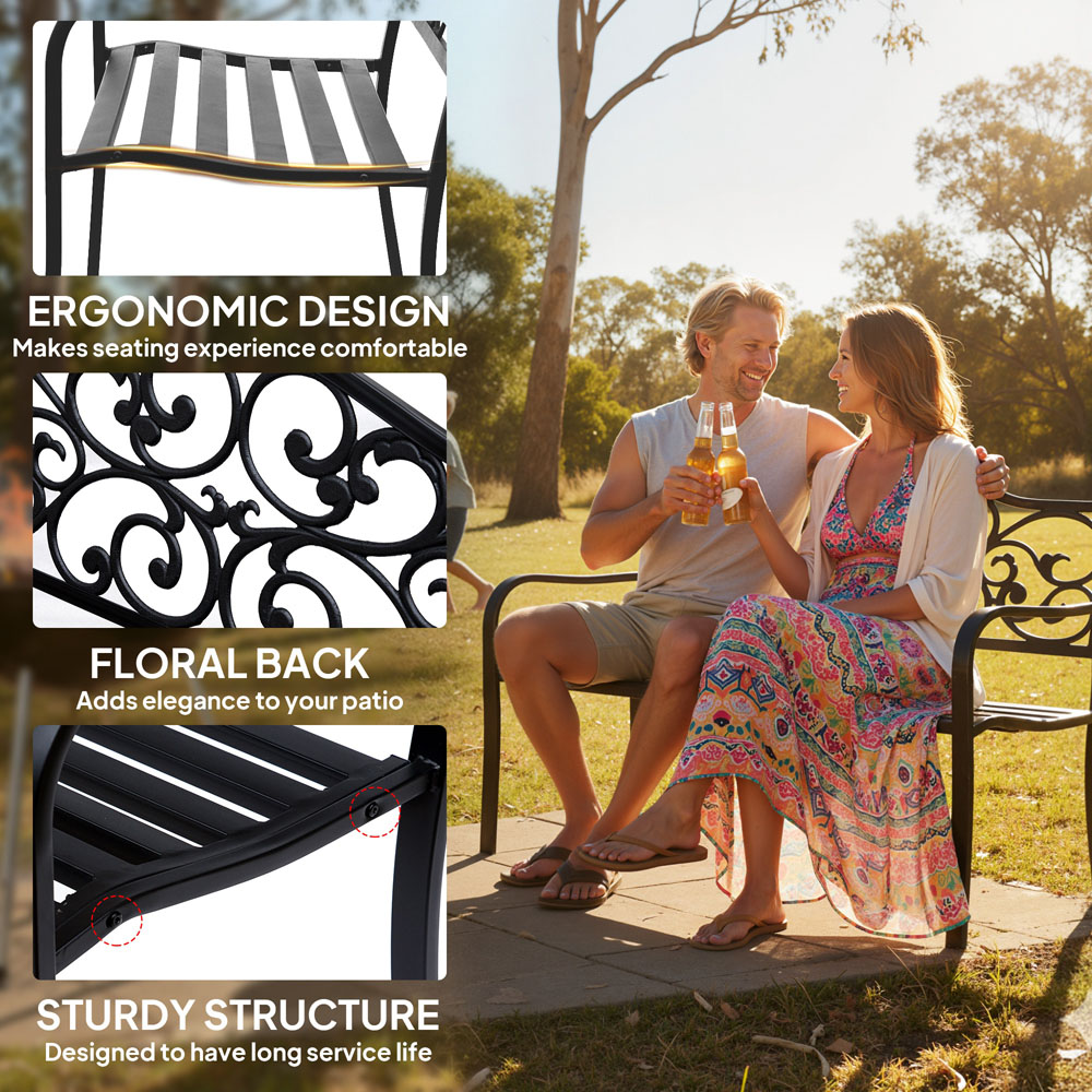 Outsunny 2 Seater Black Floral Back Metal Garden Bench Image 7