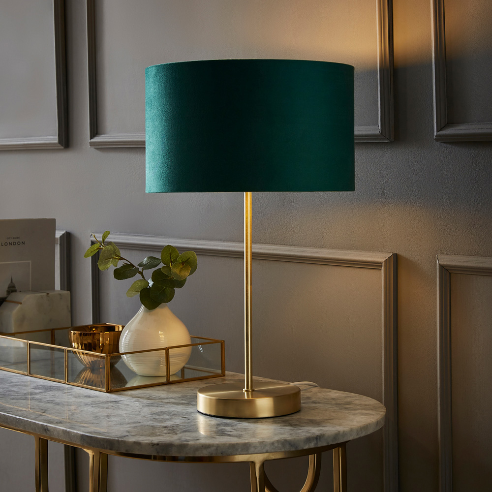 ValueLights Charlie Metallic and Green Velvet Shade Gold Table Lamp and Bulb Image 2