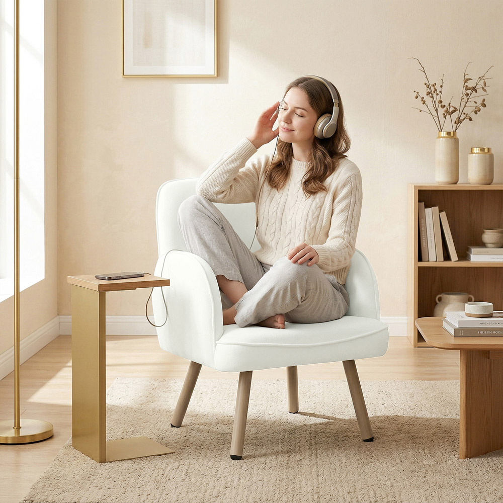 HOMCOM Cream White Velvet Upholstered Spring Cushion Lounge Chair Image 4