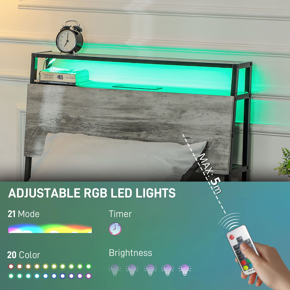 Portland Single Cement Grey Bed Frame with Charging Station and Lights Image 4