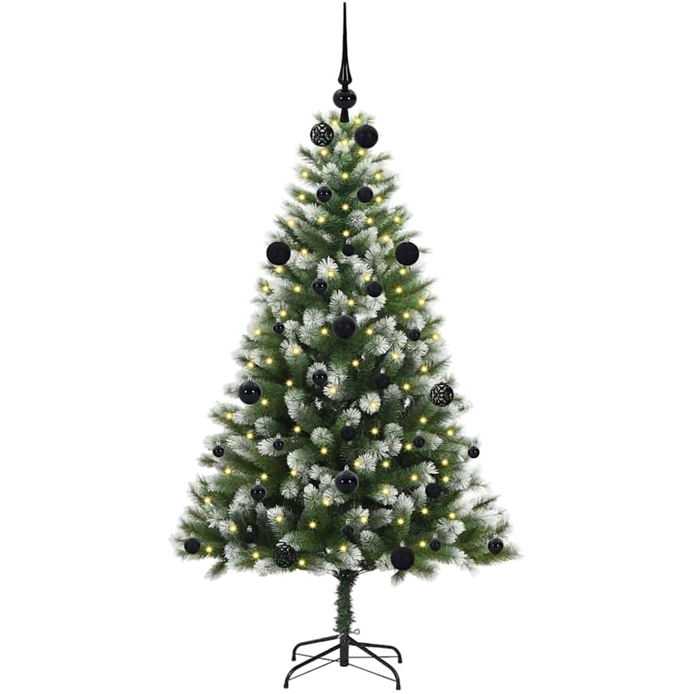 vidaXL Pre-Lit Black Baubles Green Artificial Snow Tipped Hinged Christmas Tree 5ft Image 1