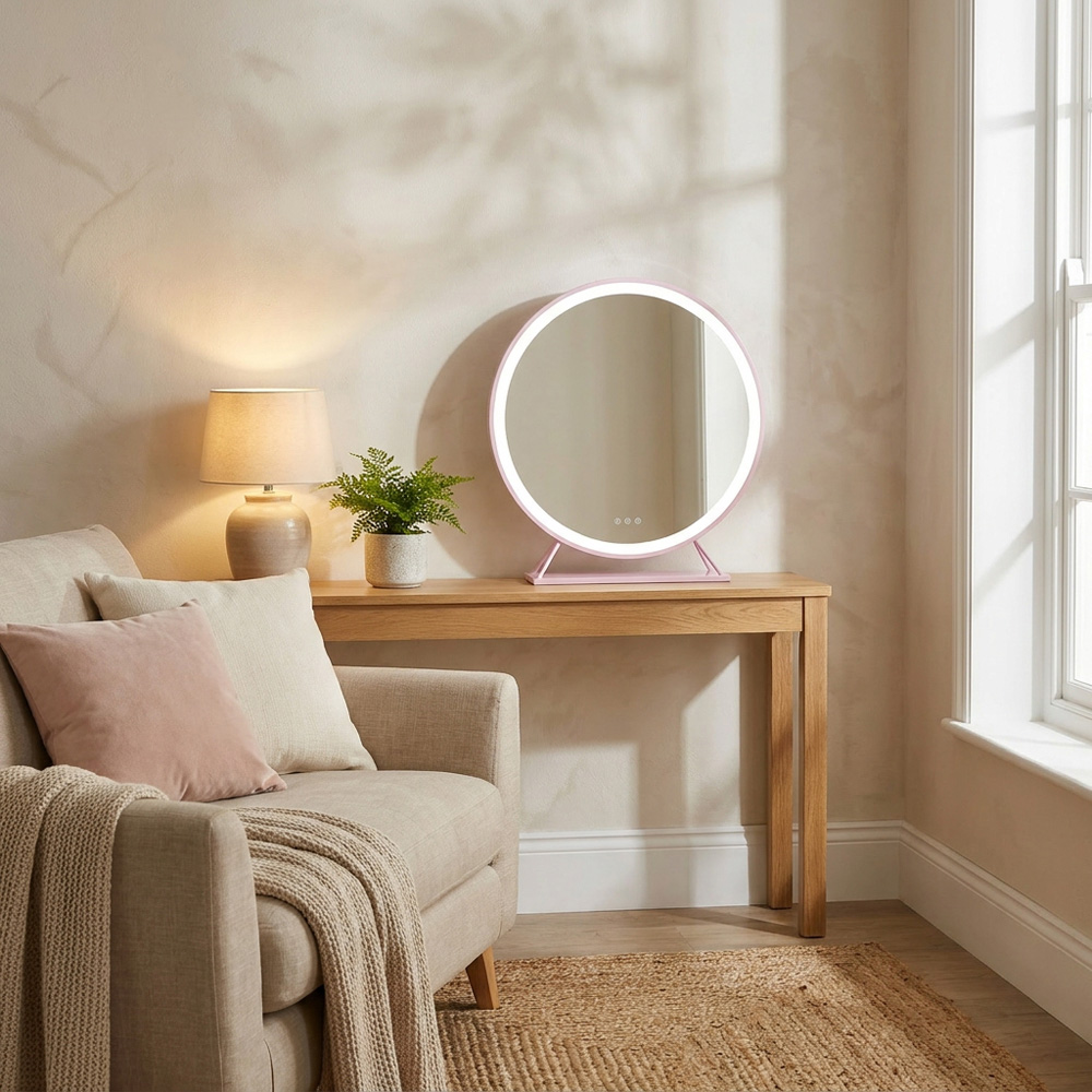 Round Standing Hollywood LED Mirror Pink Image 5