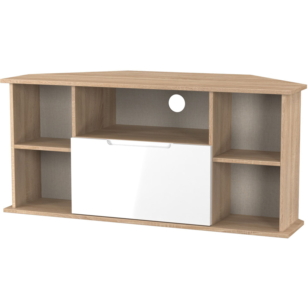 Crowndale Milan Single Drawer 5 Shelf White Gloss and Bardolino Oak Corner TV Unit Ready Assembled Image 4