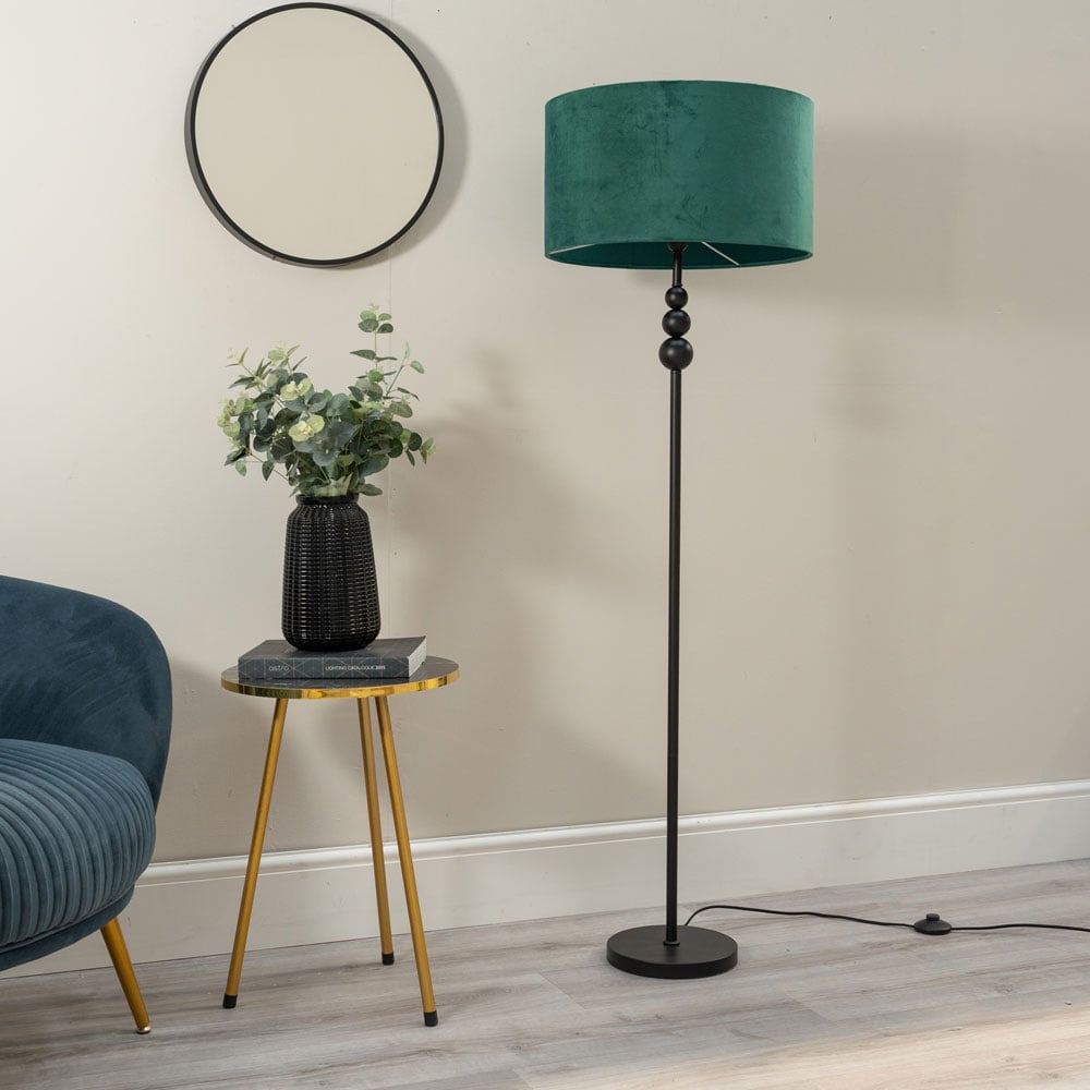 ValueLights Marissa Forest Green Velvet Shade Black Ball LED Floor Lamp Image 4