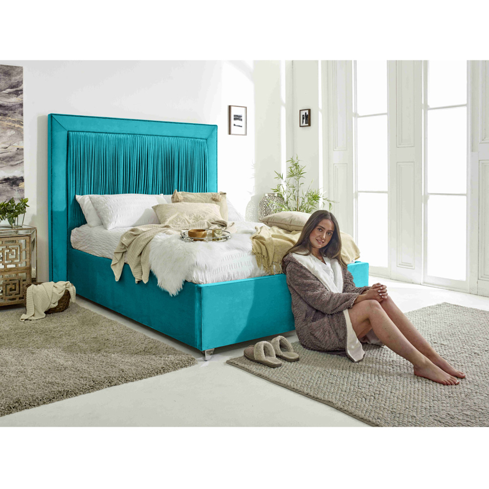 Eleganza Alexandra Small Double Teal Plush Velvet Bed Frame with Pleated Headboard Image 5