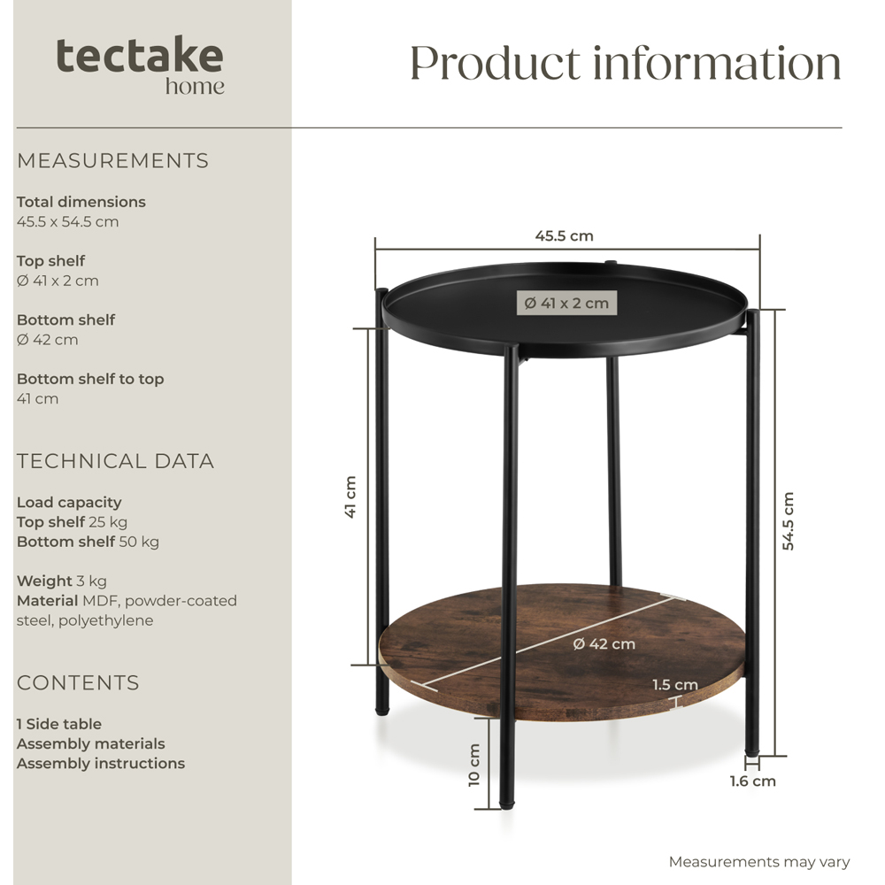 Tectake Sunderland Single Shelf Rustic Dark Wood Round Bedside Table Image 9