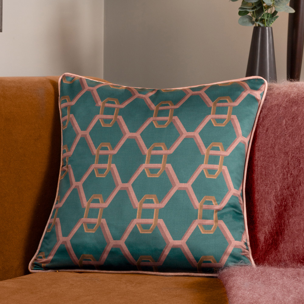 Paoletti Carnaby Teal Geometric Chain Satin Cushion Image 2