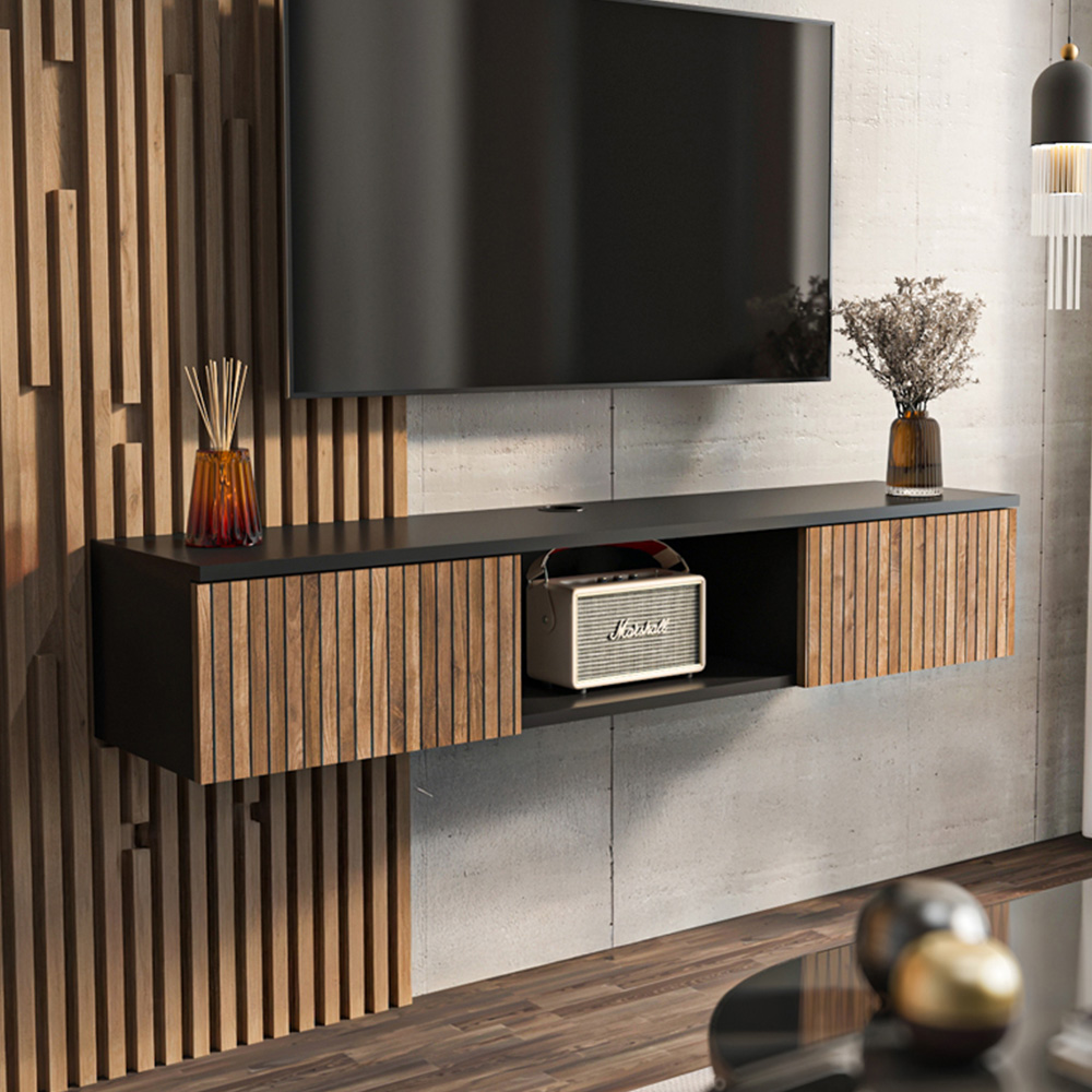 Decorotika Elia 2 Door Single Shelf Black and Alina Wall Mounted TV Unit Image 1
