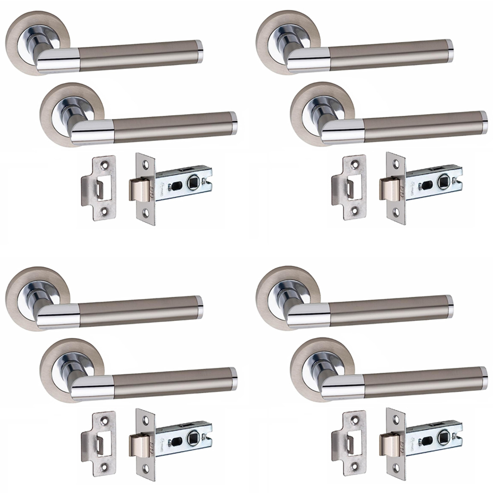 Golden Grace Mitred Satin Nickel Polished Chrome Door Handle Pair with Tubular Latch 52mm 4 Pack Image 1