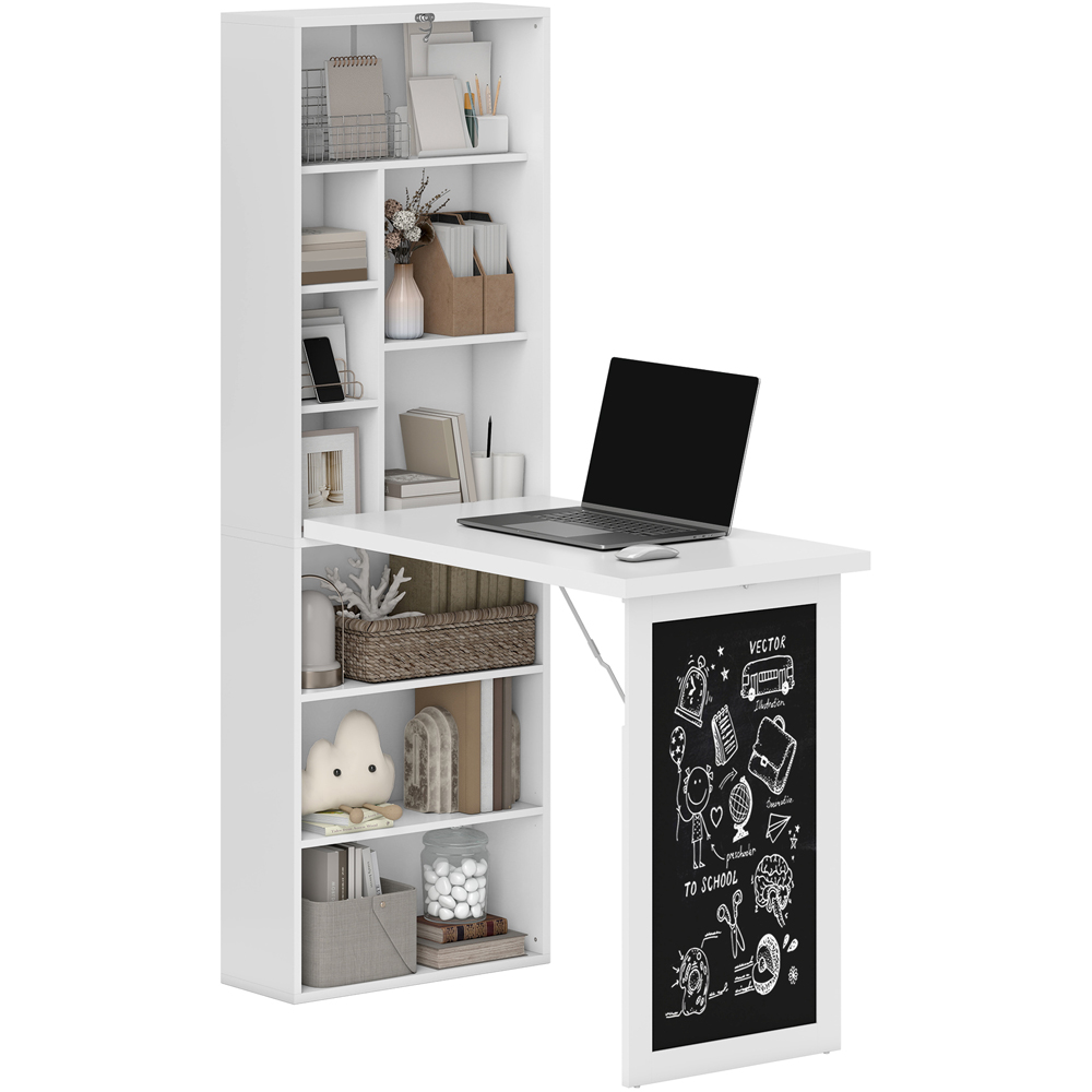 HOMCOM White Folding Convertible Desk with Blackboard and Bookshelf Image 2