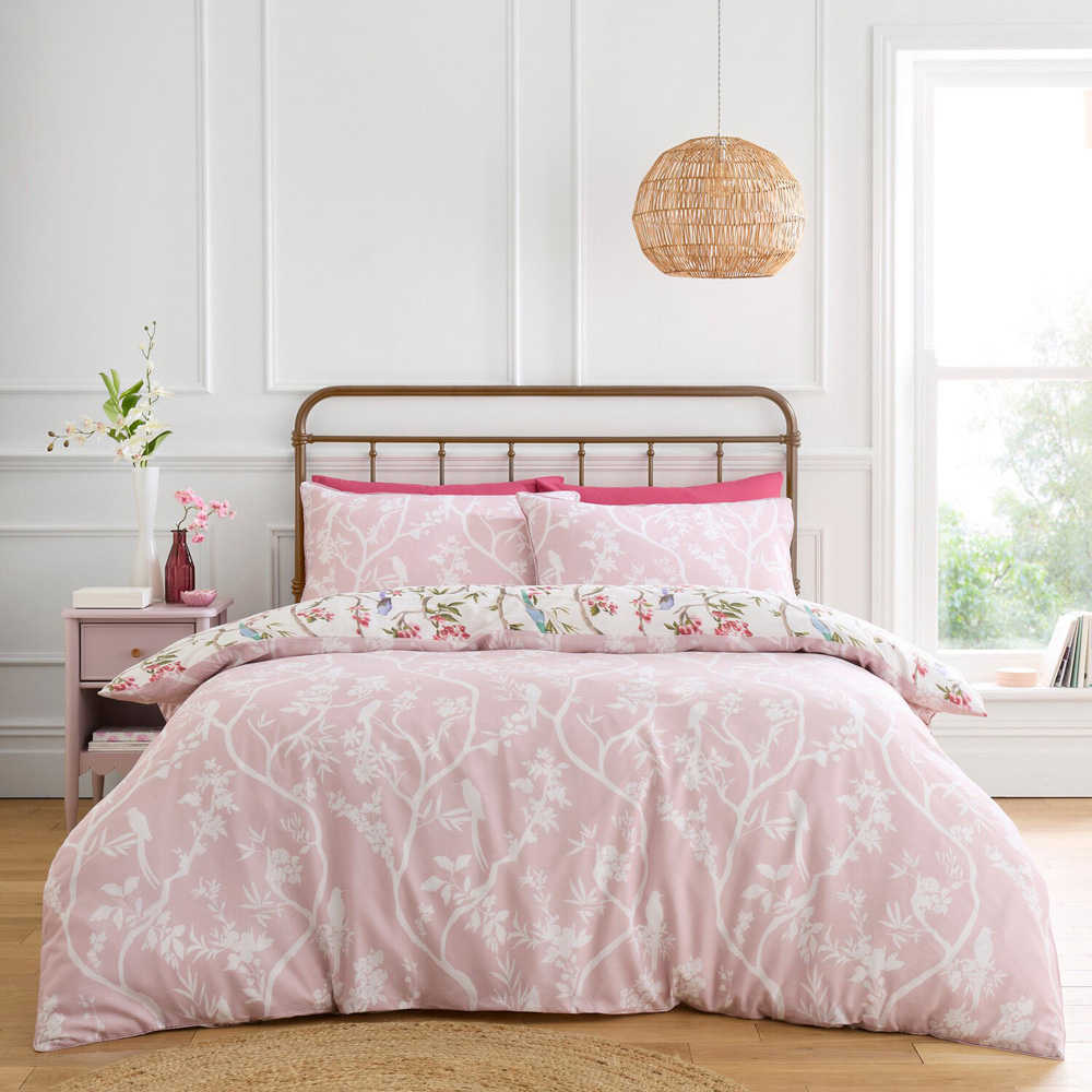 Cherry Blossom Birds Duvet Set Pink Superking Image 3