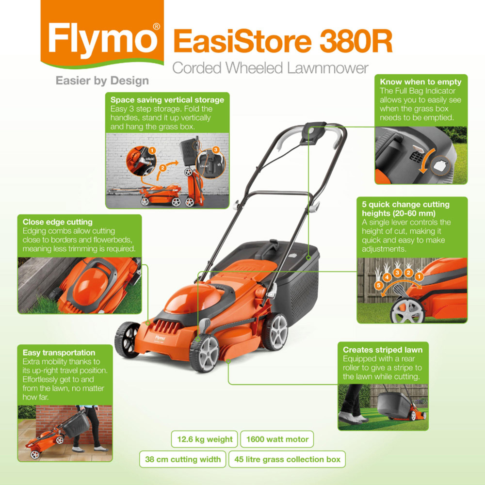 Flymo 9679875-01 1600W EasiStore 380R 38cm Corded Wheel Electric Lawn Mower Image 5