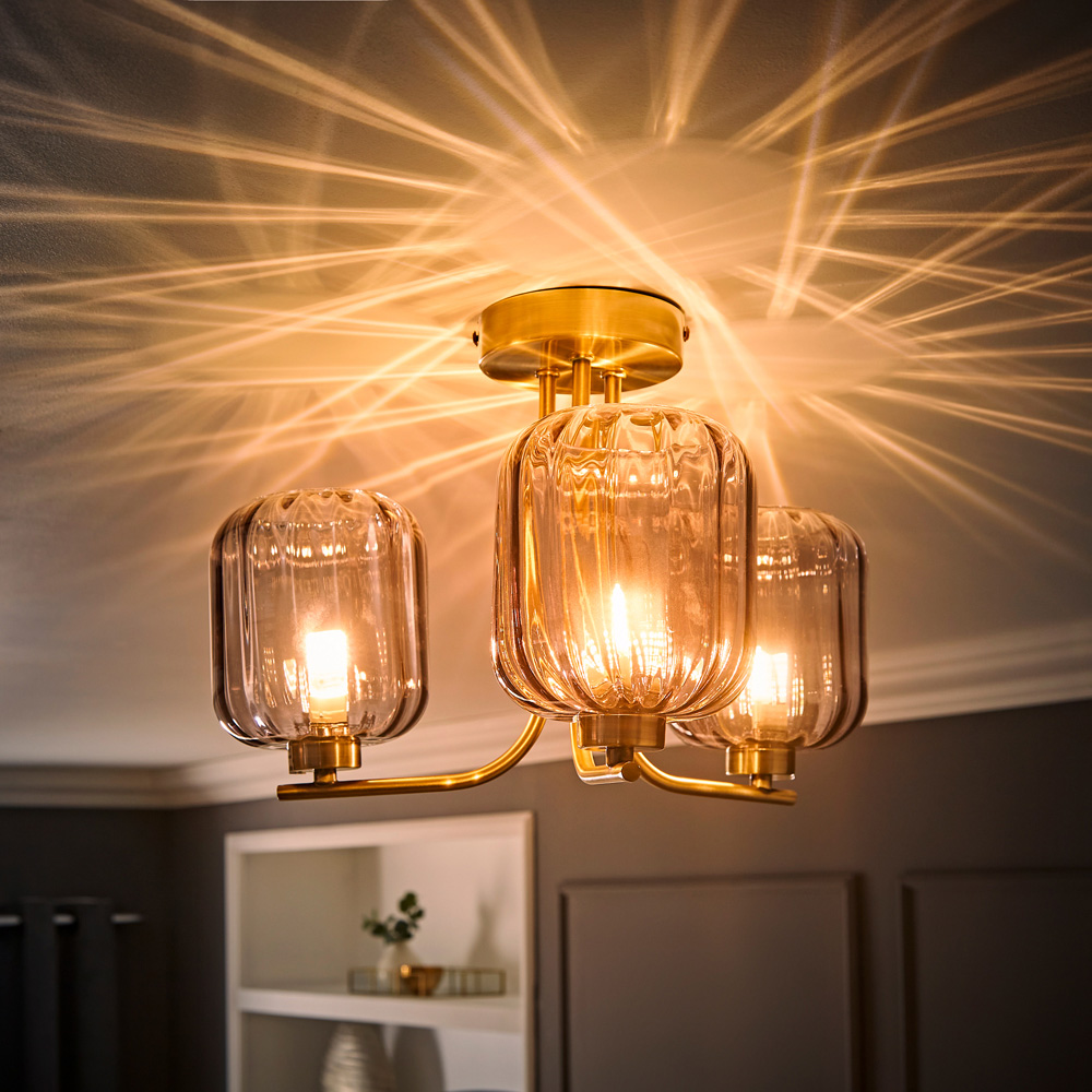 ValueLights Amelie 3 Way Ribbed Glass Gold Stem LED Ceiling Pendant Light Image 6