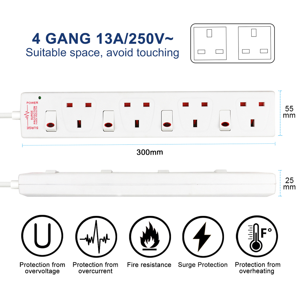 ExtraStar White 13A 3m 4 Socket Individually Switched Surge Protected Extension Lead Image 6