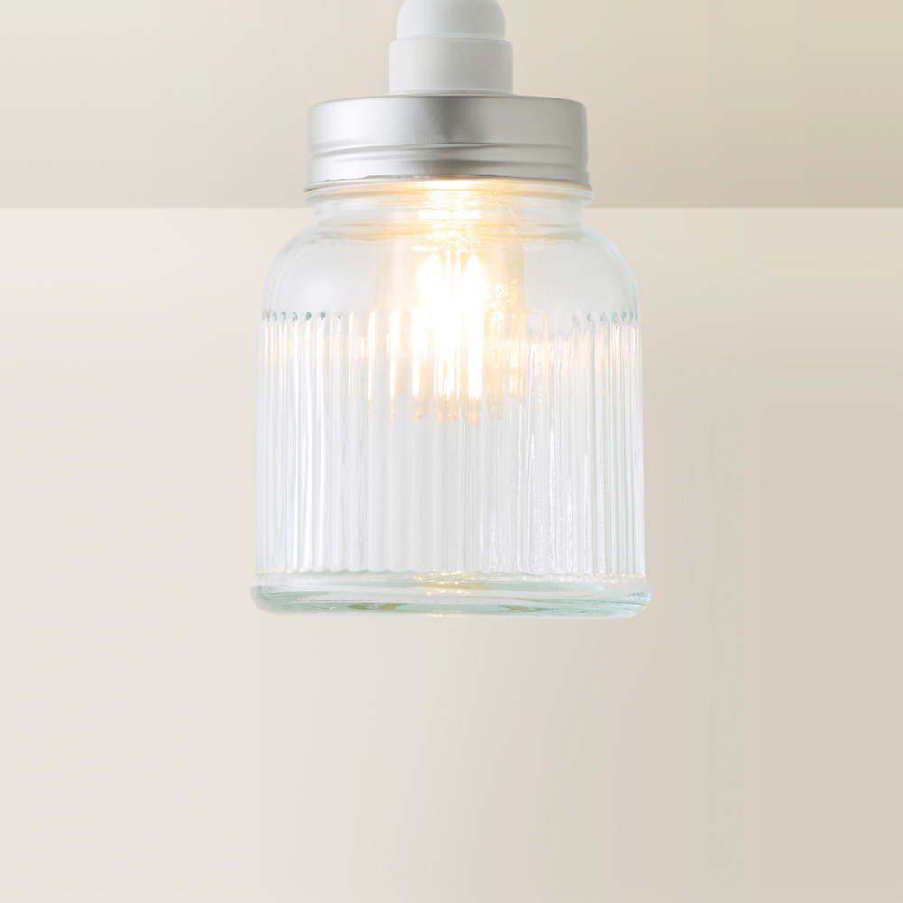 ValueLights Brushed Chrome Ribbed Pattern Glass Jar Pendant Shade Image 5