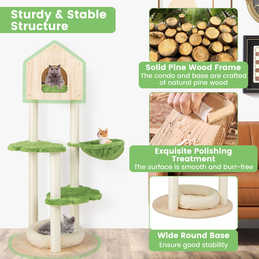 Costway Green Wooden Cat Tree with Sisal Scratching Posts 139cm Image 4