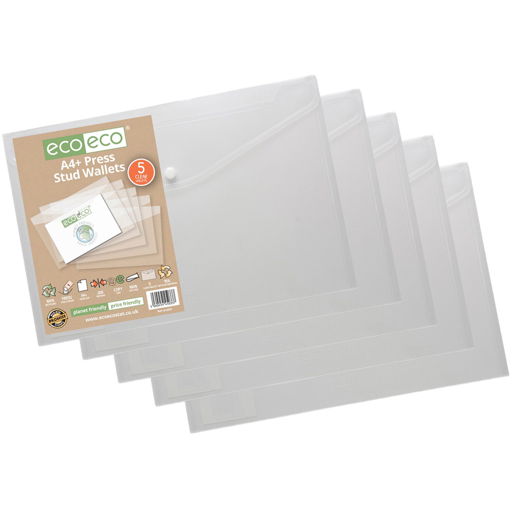 Pack of 5 A4 Plus Press Stud Wallets Clear Image 3