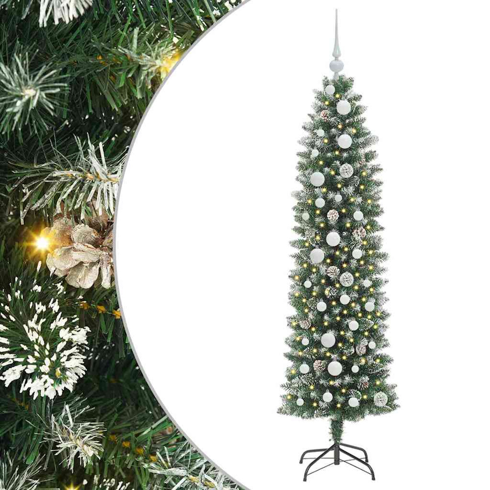 vidaXL Pre-Lit Warm White LED and White Baubles Green Slim Artificial Christmas Tree 5ft Image 7