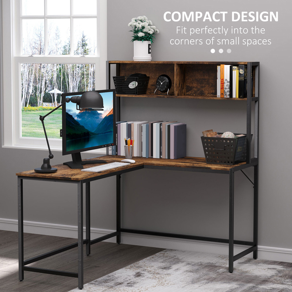 Portland 2 Shelf Industrial L-Shaped Corner Work Desk with Adjustable Feet Brown and Black Image 7