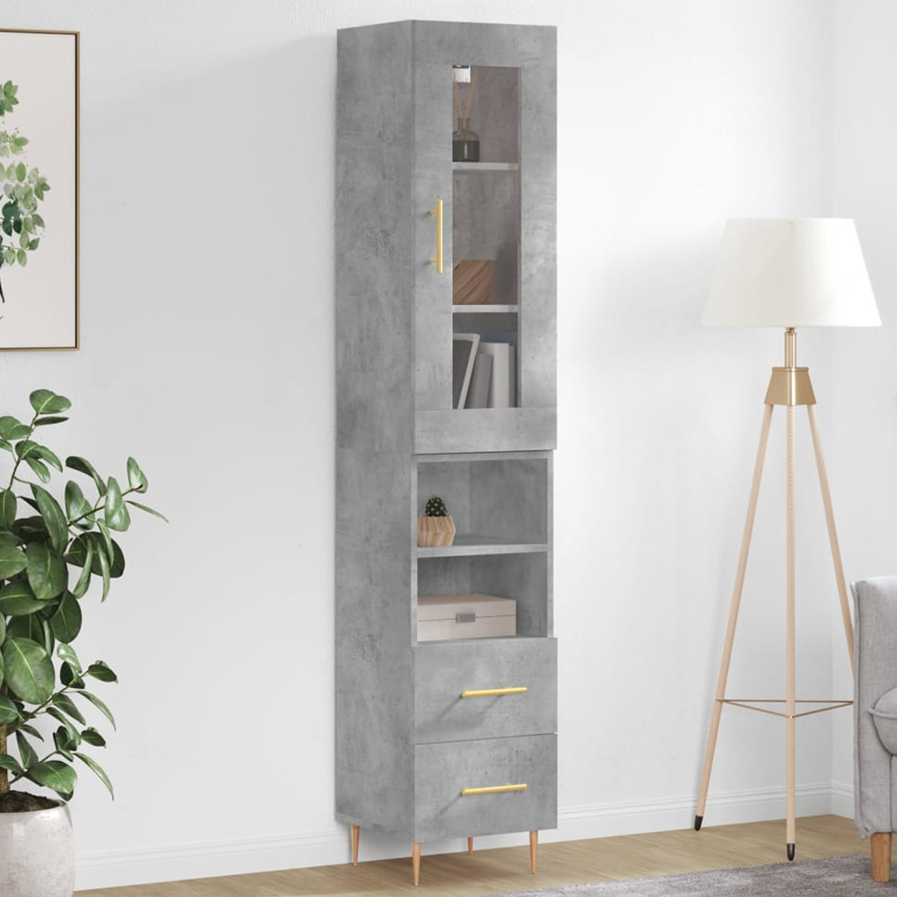 vidaXL Single Glass Door 2 Drawer 2 Shelf Concrete Grey Highboard Image 1