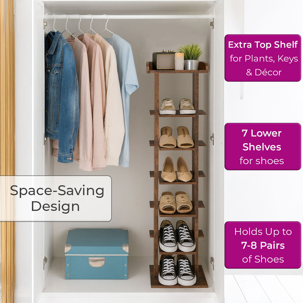 Neo 7 Shelf Walnut Wooden Slim Shoe Rack Image 6