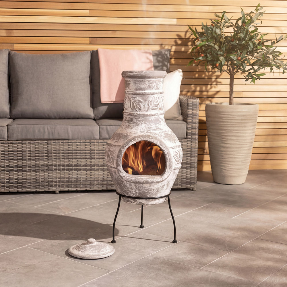 Charles Bentley Snug Acapulco Leaf Motif Grey Clay Chiminea with Lid and Stand Image 5