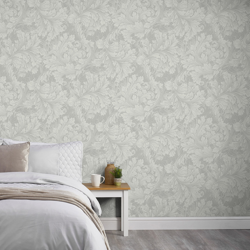 Grandeco Rossetti Acanthus Leaves Scroll Grey Wallpaper Image 4