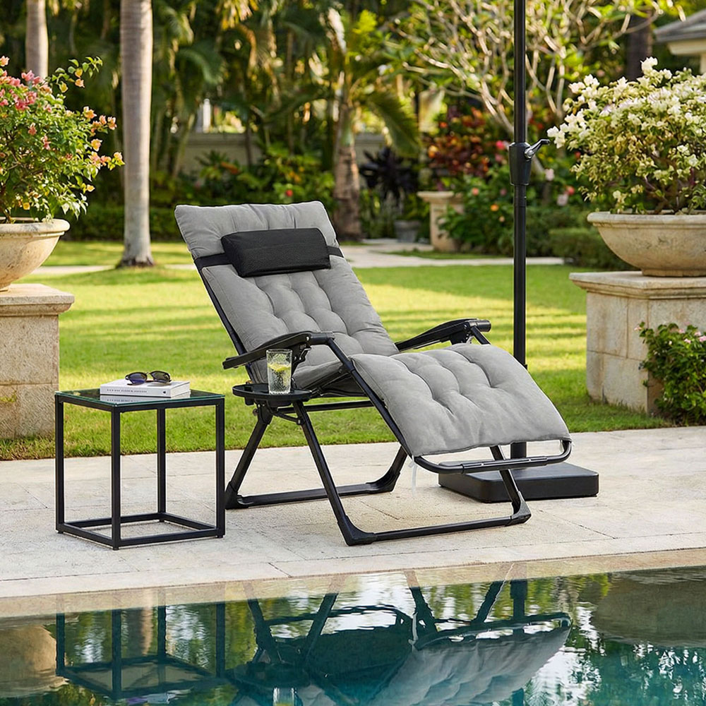 Living and Home Grey Padded Zero Gravity Folding Outdoor Recliner Chair with Side Tray Image 8